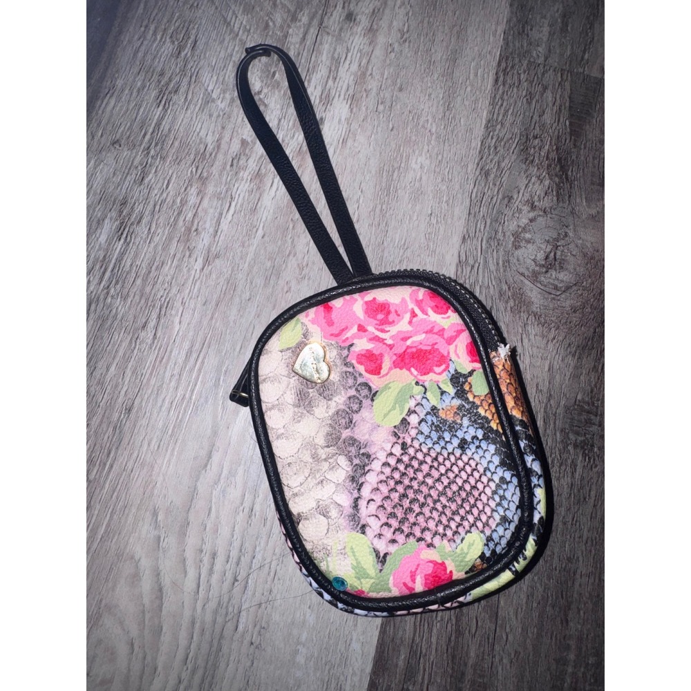 Betsey Johnson Floral Snakeskin Print Mini Wristlet Pouch Coin Purse Pink Multi